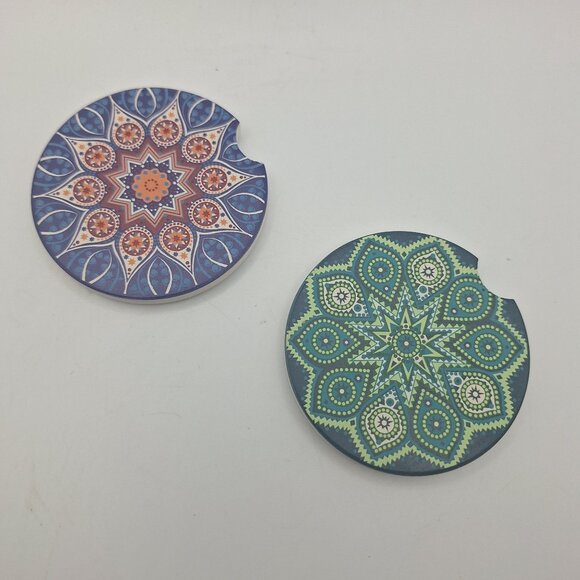 Ceramic Car Coasters Mandala Design Cork Backing 2.75 Inch Diameter Cup Holders - Picture 1 of 6